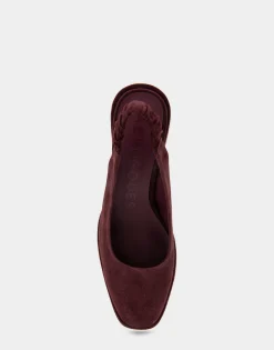 Comfortable Women's Covered Elastic Slingback Block Heel Pump in Deep Aubergine Suede Suede