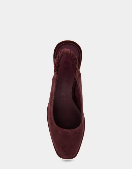 Comfortable Women's Covered Elastic Slingback Block Heel Pump in Deep Aubergine Suede Suede