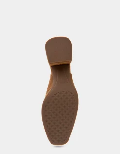 Comfortable Women's Covered Elastic Slingback Block Heel Pump in Tobacco Suede Suede