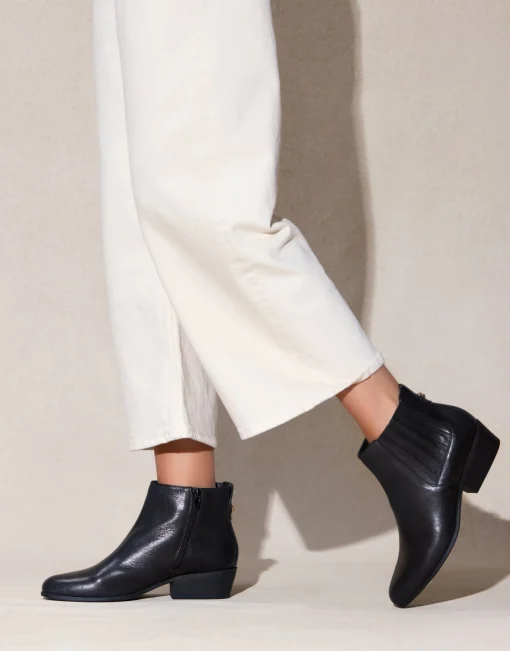 Comfortable Women's Covered Gore Western Ankle Bootie in Black Waxy Leather Leather