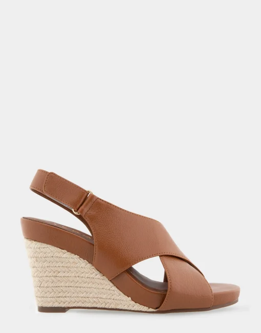 Comfortable Women's Crisscross Velcro Back Footbed Wedge Sandal in Tan Faux Leather