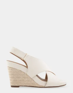 Comfortable Women's Crisscross Velcro Back Footbed Wedge Sandal in Eggnog Faux Leather Faux Suede