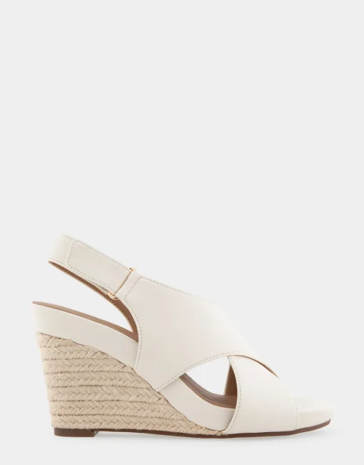 Comfortable Women's Crisscross Velcro Back Footbed Wedge Sandal in Eggnog Faux Leather Faux Suede