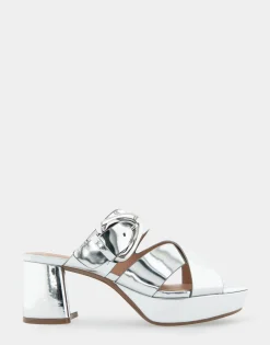 Comfortable Women's Crisscross Platform Slide Sandal in Silver Mirror Metallic Faux Leather