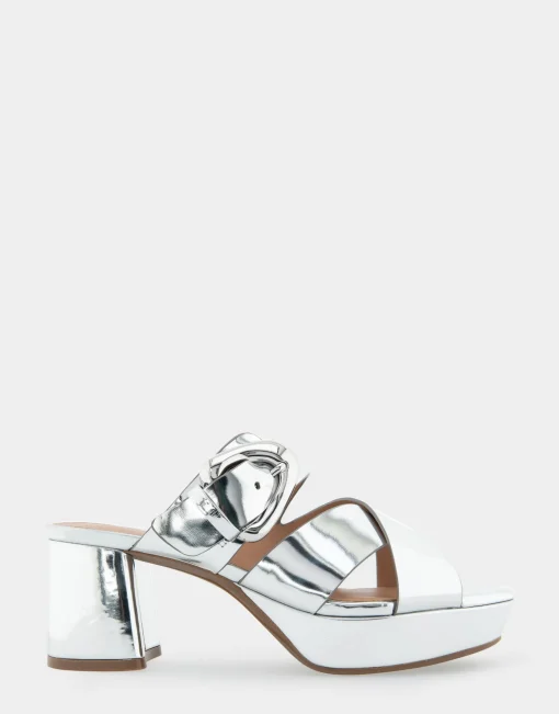 Comfortable Women's Crisscross Platform Slide Sandal in Silver Mirror Metallic Faux Leather