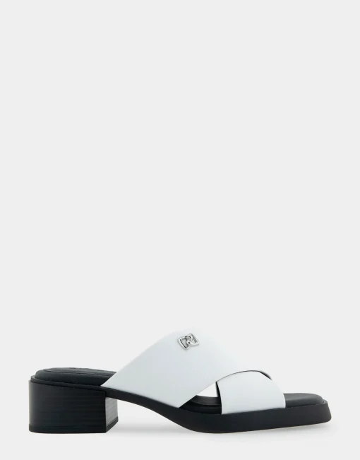 Comfortable Women's Crisscross Slip On Low Block Heel Sandal in White Faux Leather