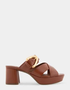 Comfortable Women's Crisscross Platform Slide Sandal in Gingerbread Leather