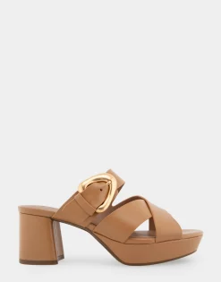 Comfortable Women's Crisscross Platform Slide Sandal in Doe Leather