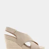 Comfortable Women's Crisscross Velcro Back Footbed Wedge Sandal in Pale Khaki Faux Leather Faux Suede