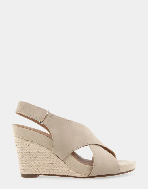 Comfortable Women's Crisscross Velcro Back Footbed Wedge Sandal in Pale Khaki Faux Leather Faux Suede