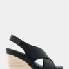 Comfortable Women's Crisscross Velcro Back Footbed Wedge Sandal in Black Faux Leather