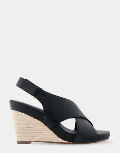 Comfortable Women's Crisscross Velcro Back Footbed Wedge Sandal in Black Faux Leather