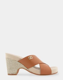 Comfortable Women's Crisscross Footbed Wedge Sandal in Tan Leather Canvas Fabric