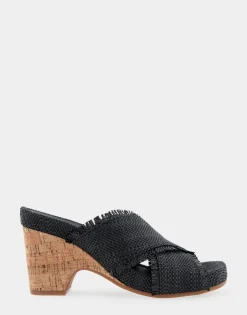 Comfortable Women's Crisscross Footbed Wedge Sandal in Black Raffia Raffia Fabric