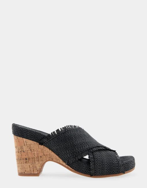 Comfortable Women's Crisscross Footbed Wedge Sandal in Black Raffia Raffia Fabric