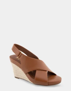 Comfortable Women's Crisscross Velcro Back Footbed Wedge Sandal in Tan Faux Leather