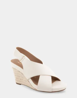 Comfortable Women's Crisscross Velcro Back Footbed Wedge Sandal in Eggnog Faux Leather Faux Suede