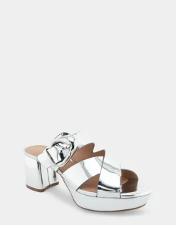 Comfortable Women's Crisscross Platform Slide Sandal in Silver Mirror Metallic Faux Leather