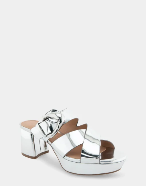 Comfortable Women's Crisscross Platform Slide Sandal in Silver Mirror Metallic Faux Leather