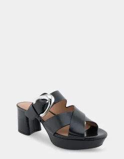Comfortable Women's Crisscross Platform Slide Sandal in Black Leather