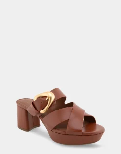 Comfortable Women's Crisscross Platform Slide Sandal in Gingerbread Leather