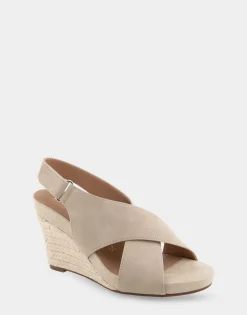 Comfortable Women's Crisscross Velcro Back Footbed Wedge Sandal in Pale Khaki Faux Leather Faux Suede