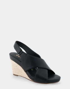 Comfortable Women's Crisscross Velcro Back Footbed Wedge Sandal in Black Faux Leather