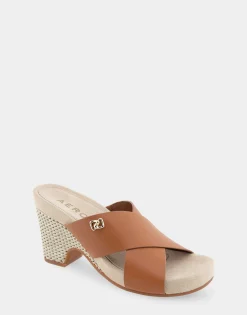 Comfortable Women's Crisscross Footbed Wedge Sandal in Tan Leather Canvas Fabric