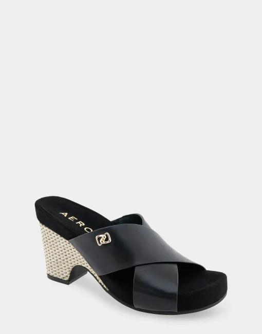 Comfortable Women's Crisscross Footbed Wedge Sandal in Black Leather