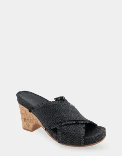 Comfortable Women's Crisscross Footbed Wedge Sandal in Black Raffia Raffia Fabric