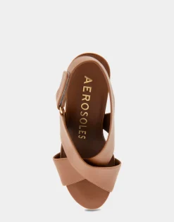 Comfortable Women's Crisscross Velcro Back Footbed Wedge Sandal in Tan Faux Leather