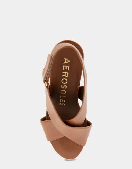 Comfortable Women's Crisscross Velcro Back Footbed Wedge Sandal in Tan Faux Leather
