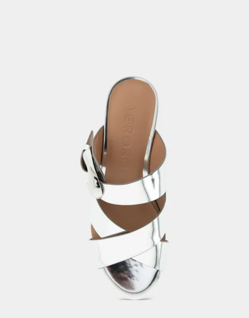 Comfortable Women's Crisscross Platform Slide Sandal in Silver Mirror Metallic Faux Leather