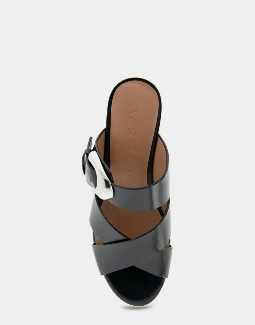 Comfortable Women's Crisscross Platform Slide Sandal in Black Leather