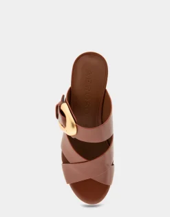 Comfortable Women's Crisscross Platform Slide Sandal in Gingerbread Leather