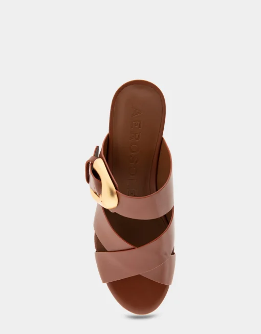 Comfortable Women's Crisscross Platform Slide Sandal in Gingerbread Leather