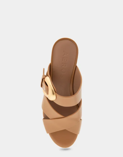 Comfortable Women's Crisscross Platform Slide Sandal in Doe Leather