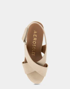 Comfortable Women's Crisscross Velcro Back Footbed Wedge Sandal in Pale Khaki Faux Leather Faux Suede