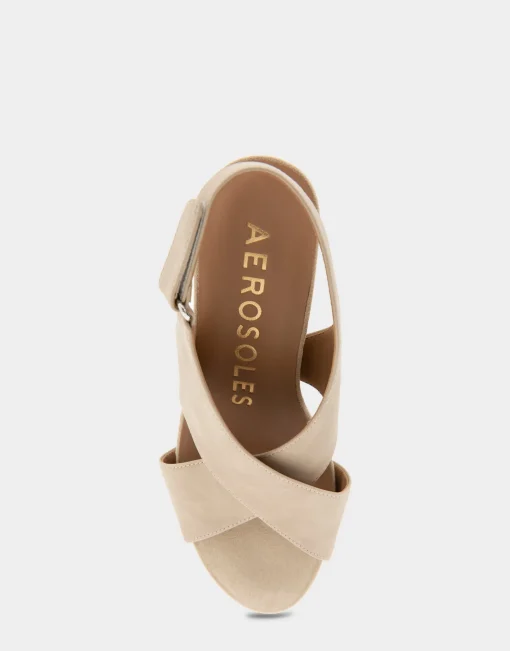 Comfortable Women's Crisscross Velcro Back Footbed Wedge Sandal in Pale Khaki Faux Leather Faux Suede
