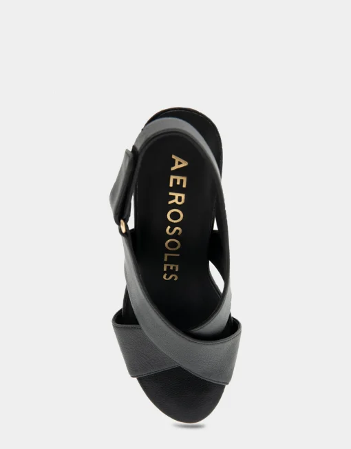 Comfortable Women's Crisscross Velcro Back Footbed Wedge Sandal in Black Faux Leather