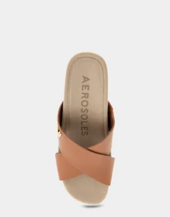 Comfortable Women's Crisscross Footbed Wedge Sandal in Tan Leather Canvas Fabric