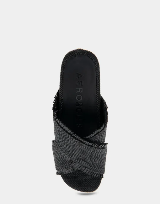 Comfortable Women's Crisscross Footbed Wedge Sandal in Black Raffia Raffia Fabric