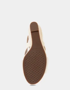 Comfortable Women's Crisscross Velcro Back Footbed Wedge Sandal in Eggnog Faux Leather Faux Suede
