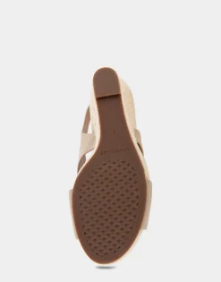 Comfortable Women's Crisscross Velcro Back Footbed Wedge Sandal in Pale Khaki Faux Leather Faux Suede