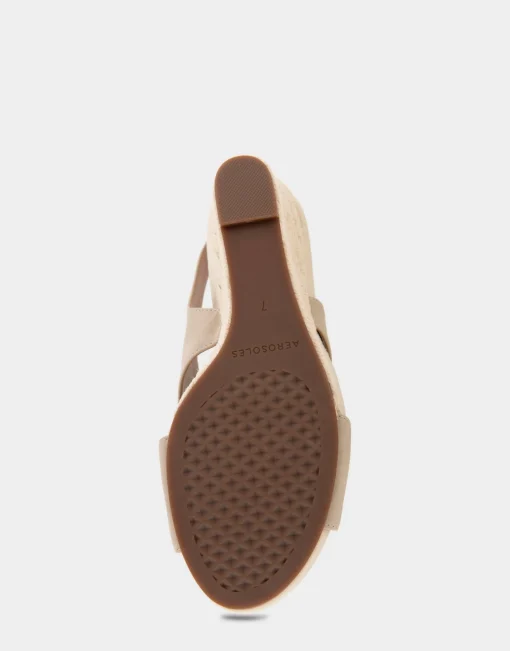 Comfortable Women's Crisscross Velcro Back Footbed Wedge Sandal in Pale Khaki Faux Leather Faux Suede