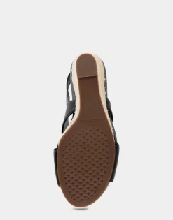 Comfortable Women's Crisscross Velcro Back Footbed Wedge Sandal in Black Faux Leather