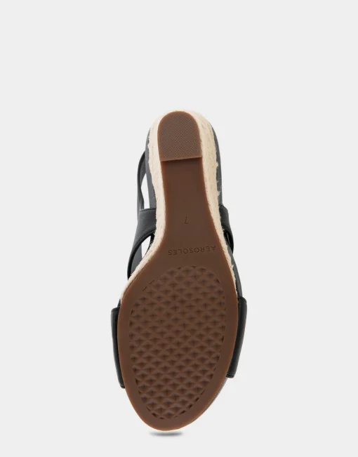 Comfortable Women's Crisscross Velcro Back Footbed Wedge Sandal in Black Faux Leather
