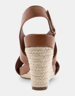 Comfortable Women's Crisscross Velcro Back Footbed Wedge Sandal in Tan Faux Leather