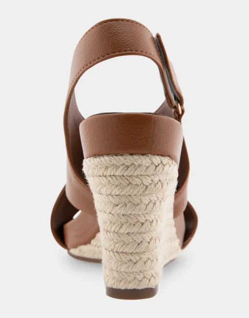Comfortable Women's Crisscross Velcro Back Footbed Wedge Sandal in Tan Faux Leather