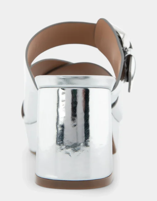 Comfortable Women's Crisscross Platform Slide Sandal in Silver Mirror Metallic Faux Leather